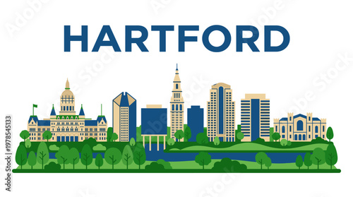 Hartford Connecticut city skyline vector illustration with landmarks isolated on white background
