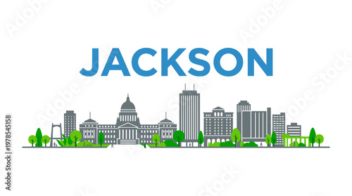 Jackson Mississippi city skyline with landmarks and green trees flat vector illustration