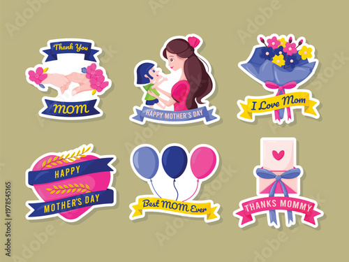 Colorful mother s day stickers featuring bouquets balloons and loving embraces