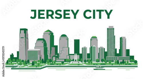 Jersey City skyline panorama with waterfront park flat green vector illustration
