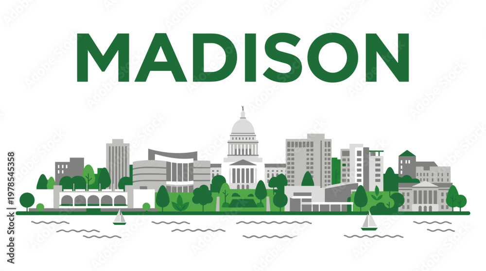 Fototapeta premium Madison Wisconsin city skyline with state capitol building flat vector illustration
