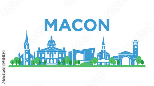 Macon Georgia city skyline featuring landmarks and trees flat vector illustration