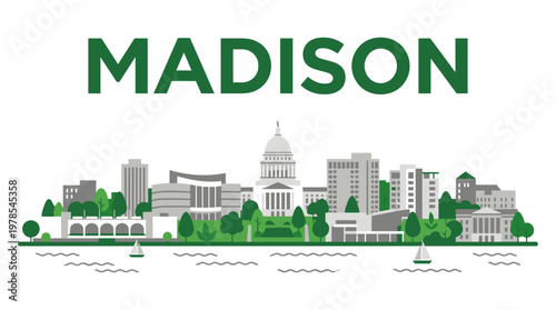 Madison Wisconsin city skyline with state capitol building flat vector illustration