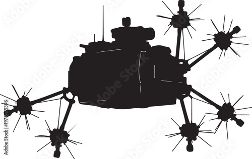 Black silhouette robotic drone, futuristic hexacopter, six-legged aircraft, isolated vector illustration