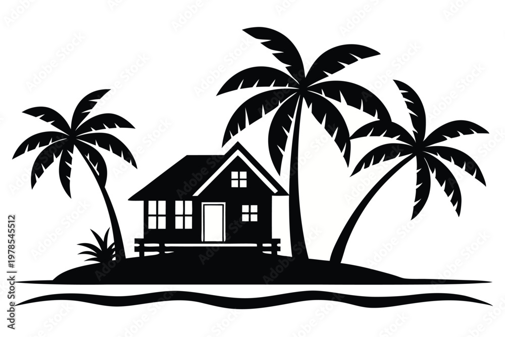 Obraz premium Tropical island silhouette with palm trees and beach hut.