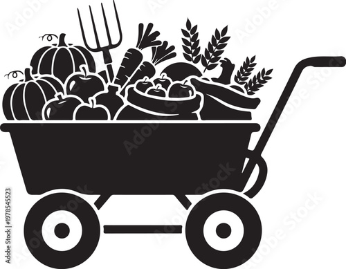 Black silhouette garden cart, overflowing vegetables, farm produce, wheelbarrow icon