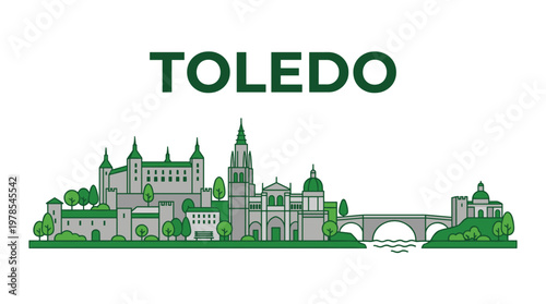 Minimalist Toledo Spain city skyline with Alcazar and Cathedral landmarks vector illustration