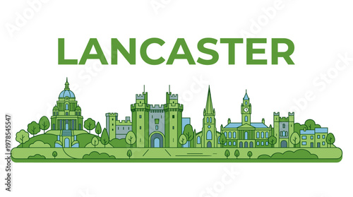 Minimalist Lancaster city skyline illustration featuring Ashton Memorial and Castle vector