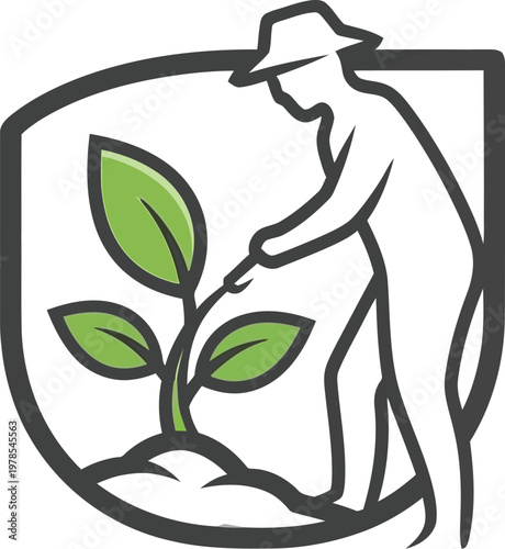 A professional gardener carefully planting a vibrant green seedling into fertile soil, symbolizing growth and environmental care within a protective shield emblem design.
