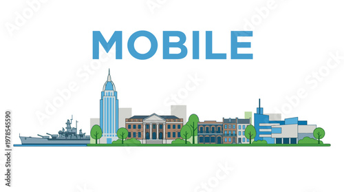 Mobile Alabama city skyline featuring battleship and historic buildings flat vector illustration