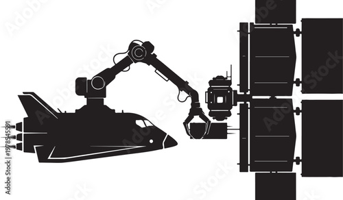 Space Shuttle, robotic arm, satellite, black silhouette, vector illustration, space exploration, spacecraft