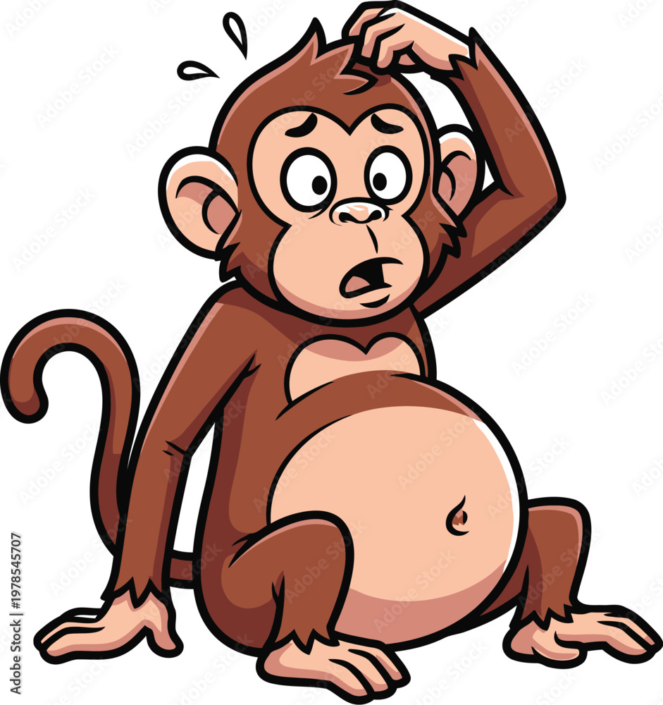 Naklejka premium A cartoon monkey scratches its head with a puzzled expression on its face and a large belly