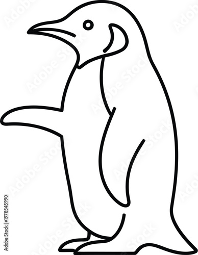 Simple and elegant line art illustration of a standing penguin, depicted with clean black outlines on a pure white background, showcasing a minimalist design for various uses.