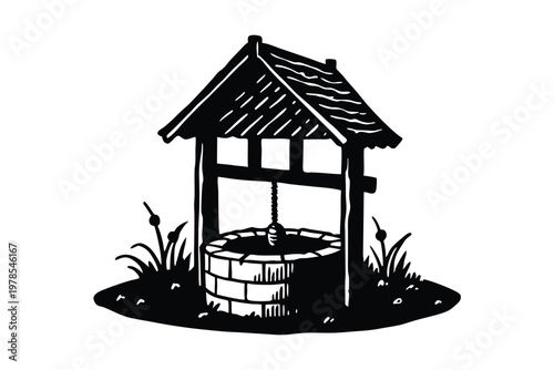 Old stone water well silhouette isolated on white background.