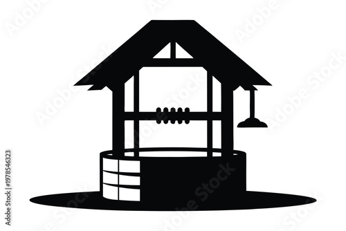 Traditional village well with roof and bucket vector illustration