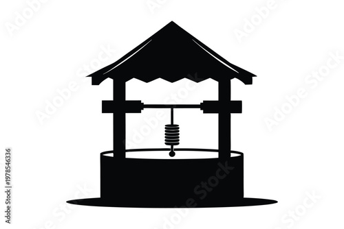 Traditional village well with roof and bucket vector illustration