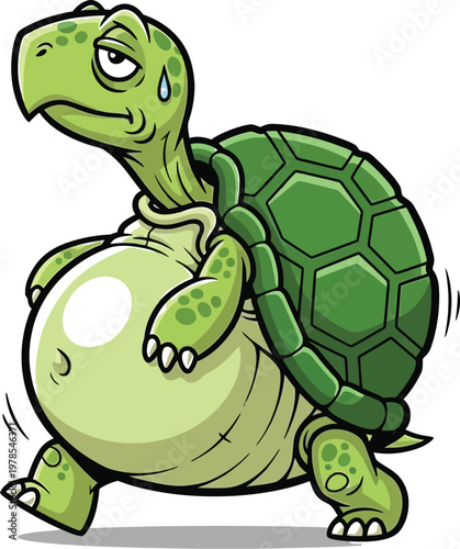 Turtle with a big belly and a sad expression walking alone