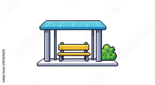 This is a charming pixel art illustration of a bus stop shelter featuring a yellow bench, a blue roof, and a small green bush.