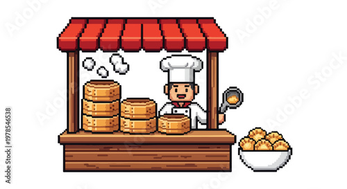 A pixel art illustration shows a friendly chef serving steamed dumplings at a traditional food stall with a red awning and bamboo baskets.