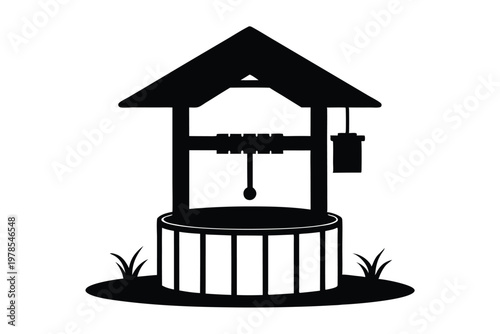 Traditional village well with roof and bucket vector illustration