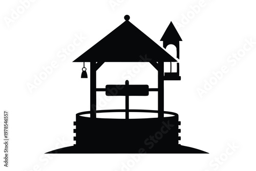 Traditional village well with roof and bucket vector illustration