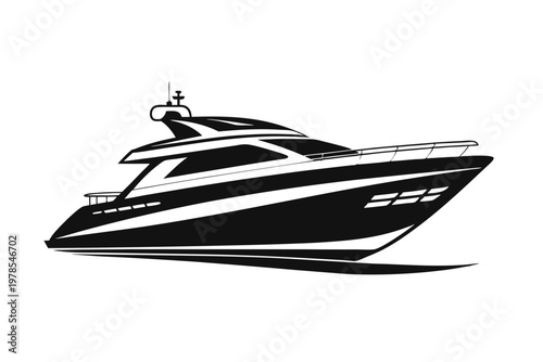 Luxury motor yacht silhouette isolated on white background.