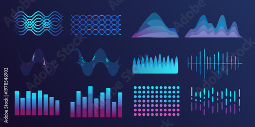 Collection of abstract data visualizations and graphic elements in blue hues