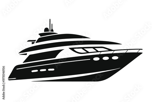 Luxury motor yacht silhouette isolated on white background.