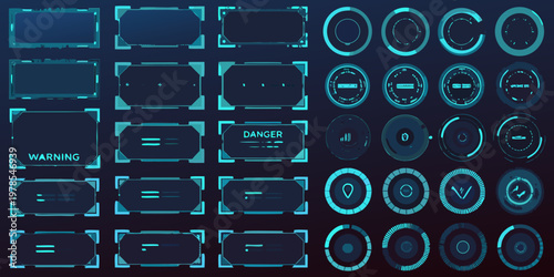 A collection of futuristic glowing blue holographic user interface elements