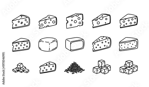 Cheese doodle line icon set hand drawn cheese slice vector illustration