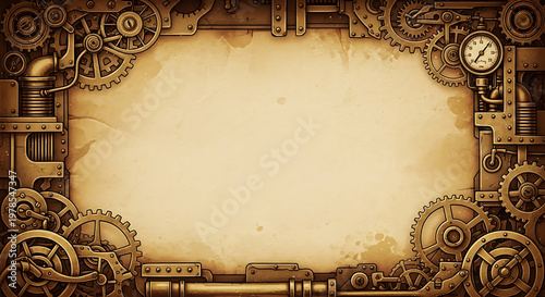 Steampunk gears and pipes frame with aged parchment background, vintage industrial border