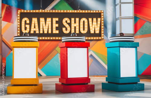 Bright Game Show Studio Set with Three Colorful Podiums and Illuminated Sign Stage Entertainment Concept
