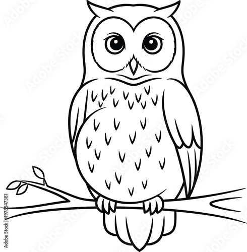 A cute cartoon owl perched on a tree branch looking directly at the viewer with big round eyes