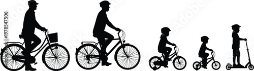 Vector black silhouettes of family riding bicycles and scooter, featuring parents and children wearing helmets on a white background, activity