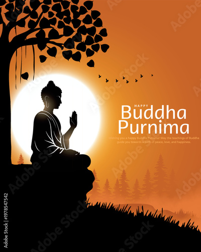 Happy Vesak Day, Buddha Purnima wishes greetings with silhouette of buddha. Creative vector illustration design.