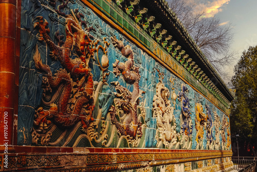 Colorful Dragon Wall Mural in China, Ancient Chinese Mythology Art Detail