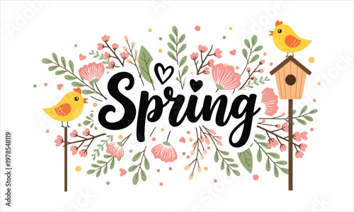 spring season illustration with birds and flowers