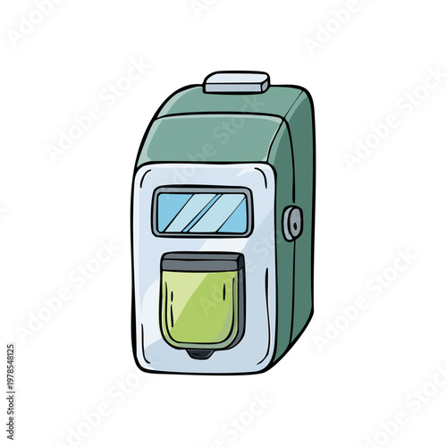 Cartoon illustration of a modern automatic soap dispenser in a clean, sanitary design