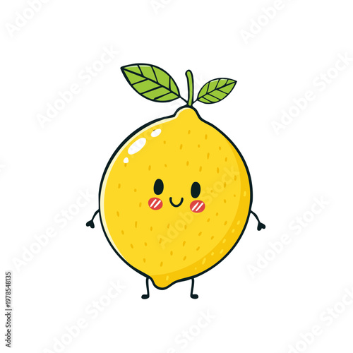 Adorable cartoon lemon character with happy face and green leaves smiling brightly