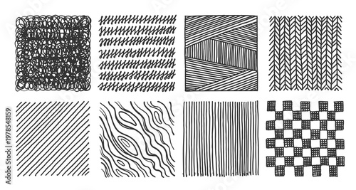 Hand drawn crosshatch patterns with pencil sketches and lines textures, set vector illustration. Diagonal and parallel stripes, herringbone strokes or organic wood scribble, linear ink scratch doodle