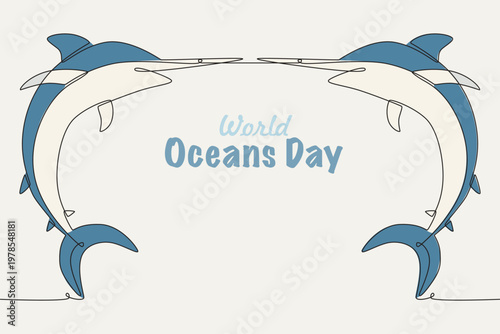 Colored World oceans day concept one-line drawing