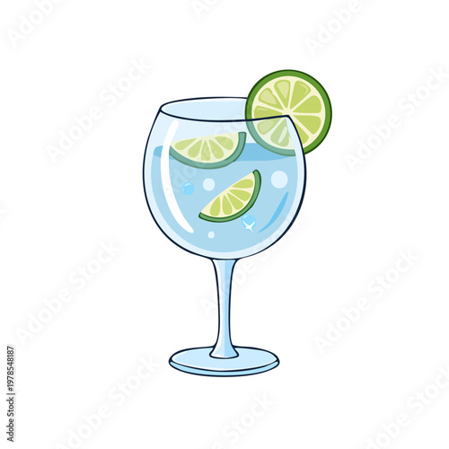 Refreshing Gin Tonic cocktail with lime slices and ice cubes in a balloon glass