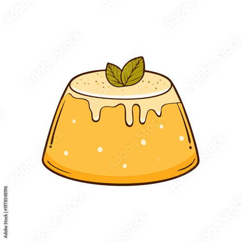 Whimsical Hand Drawn Cartoon Dessert Pudding with Cream and Mint Leaf Garnish