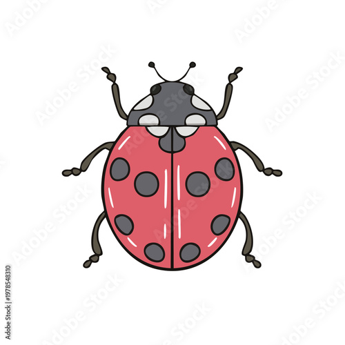 Adorable cartoon ladybug illustration with six legs and antennae on a plain background