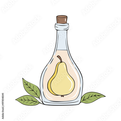 Hand drawn illustration of a clear glass bottle filled with pear infused liquid and whole pear inside with green leaves