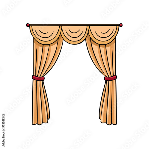 Elegant draped window curtains with decorative tie backs in a warm golden hue