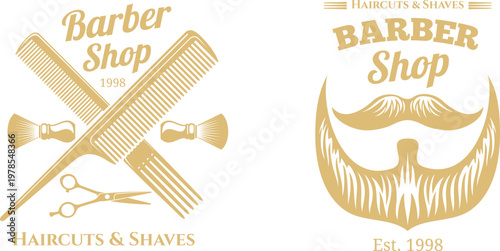 Barber shop sign with scissors and text design for haircuts and styles