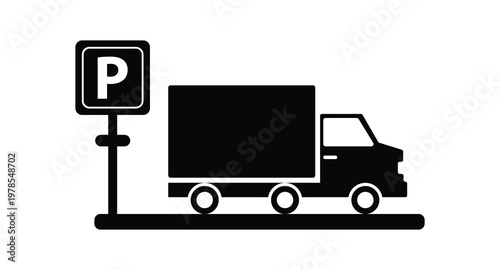 Truck parking area icon, heavy vehicle delivery zone sign, black silhouette of van and parking symbol isolated on white background. Vector illustration