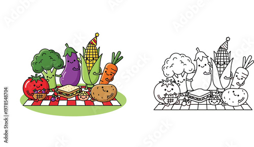 Kawaii Vegetable Picnic Cartoon Illustration and Coloring Page for Kids with Tomato Broccoli Eggplant Corn and Potato Vector
