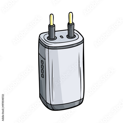 Modern rectangular power adapter with two gold prongs and grey casing